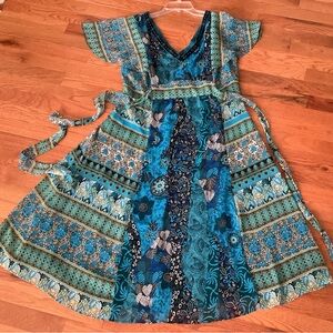 NY Collection Flirty Boho Maxi Dress Blues, Greens, Black, White, LINED sz12 EXC